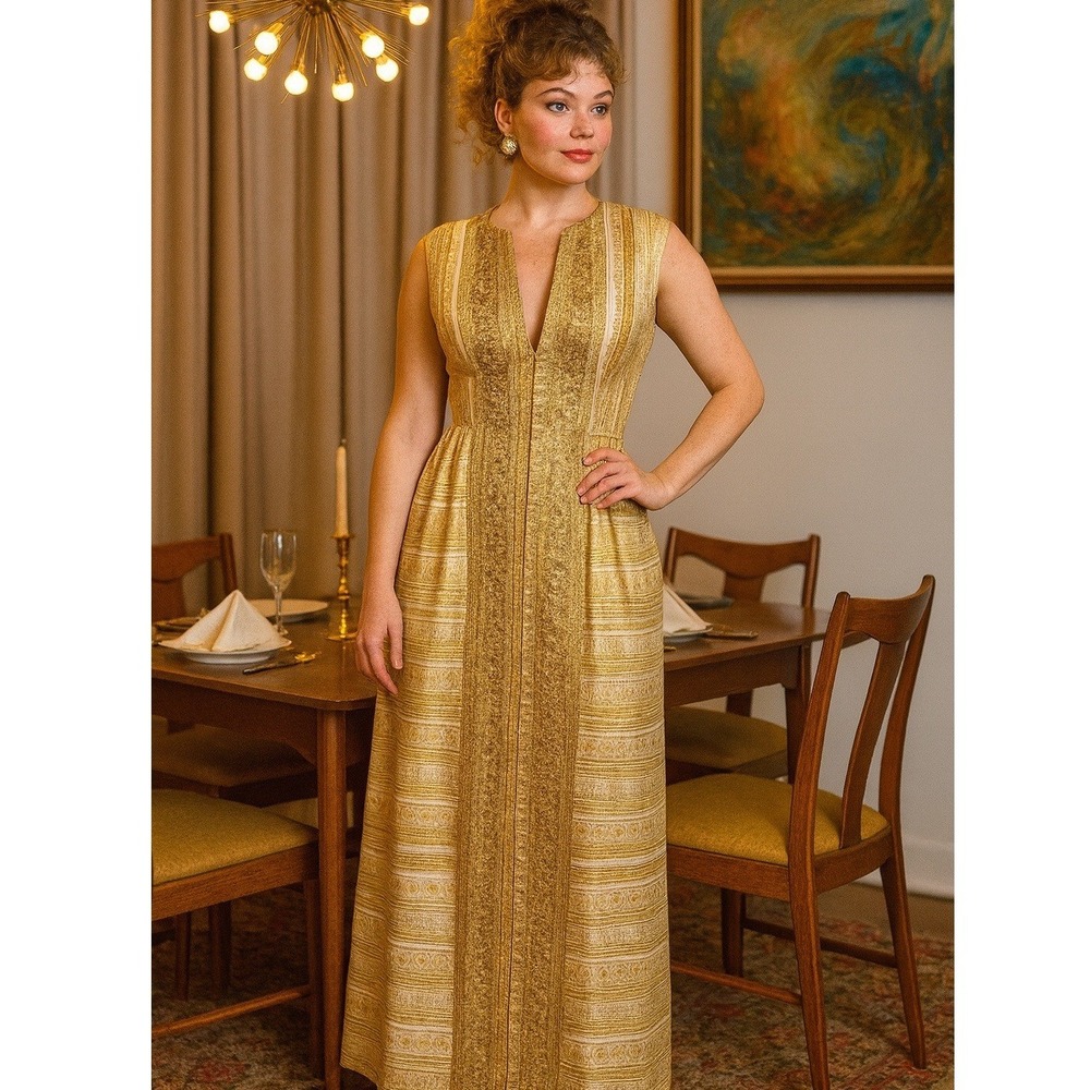 Vintage 60s Modern Couture Gold‎ Metallic Heavy Brocade Party Gown Maxi Dress